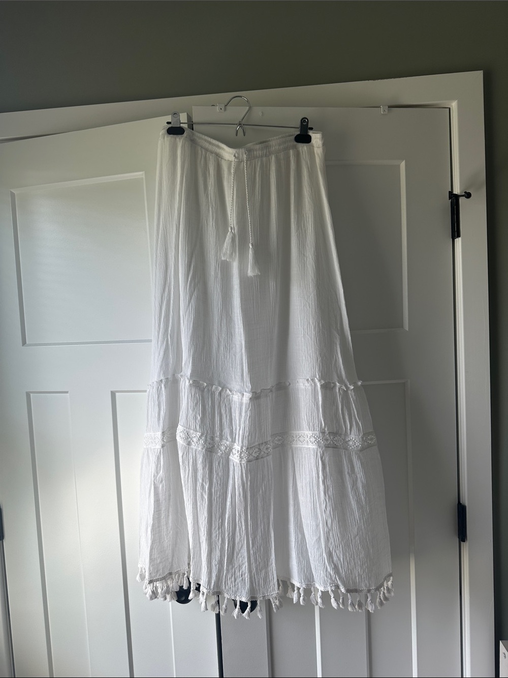 Blue Rain White Tiered Maxi Skirt with Tassel Waist